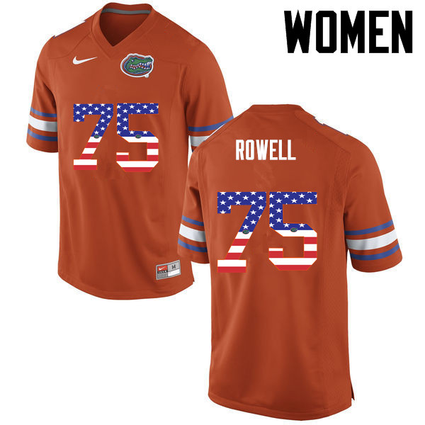 Women Florida Gators #75 Tanner Rowell College Football USA Flag Fashion Jerseys-Orange